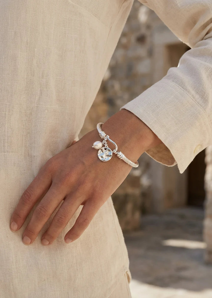 Silver Pearl Charm Bangle