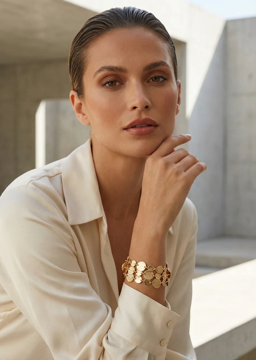 Gold Hammered Disc T-bar Bracelet