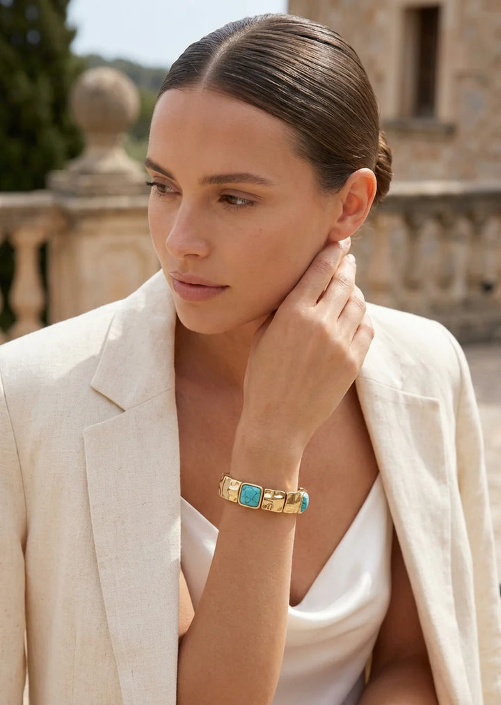 Gold & Turquoise Square Bead Bangle