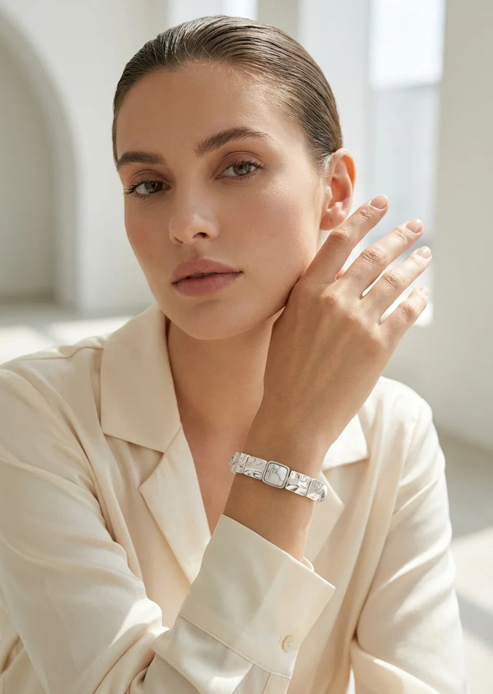 Silver & White Square Bead Bangle