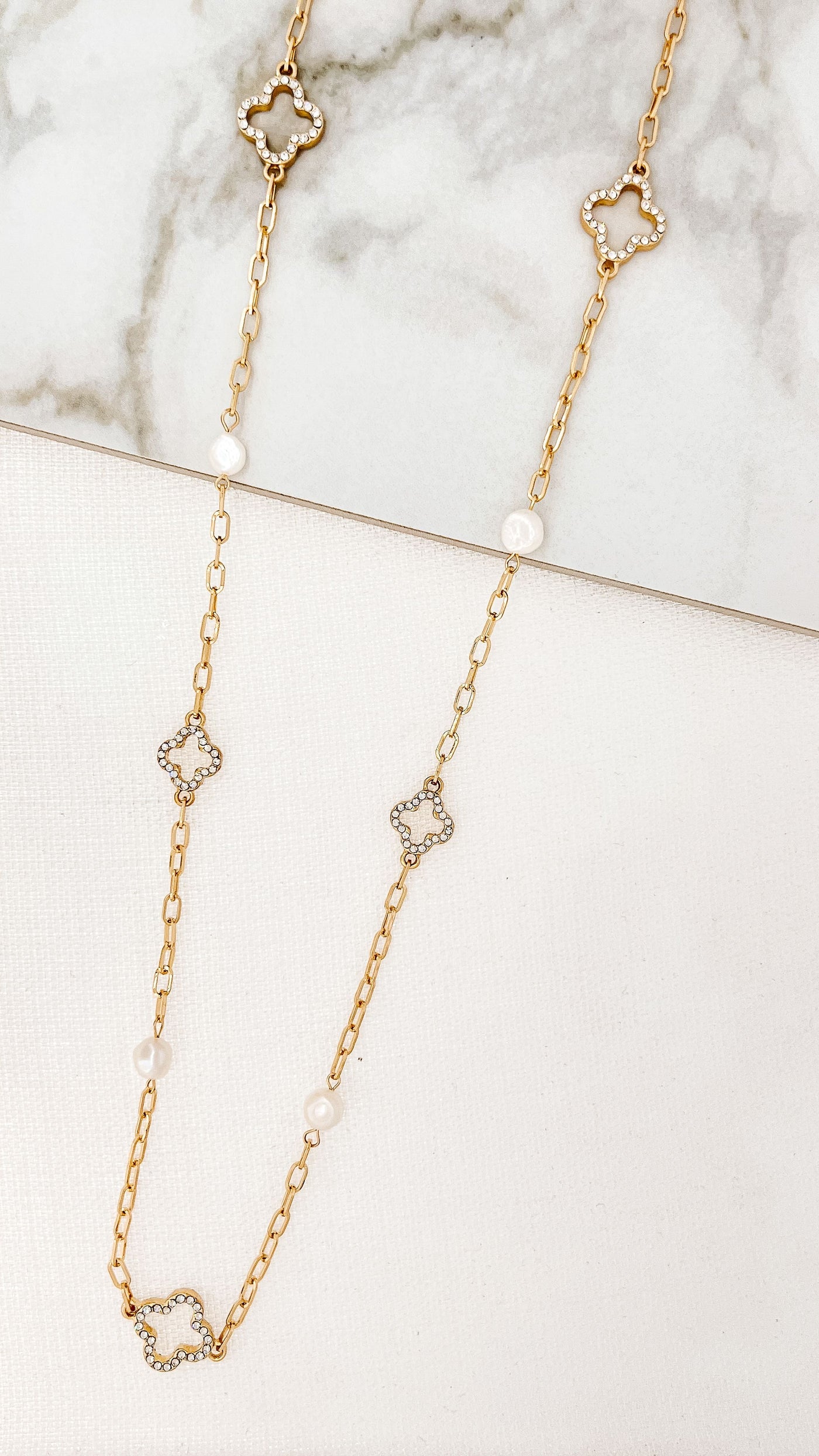 Gold, Diamante Clover & Pearl Necklace
