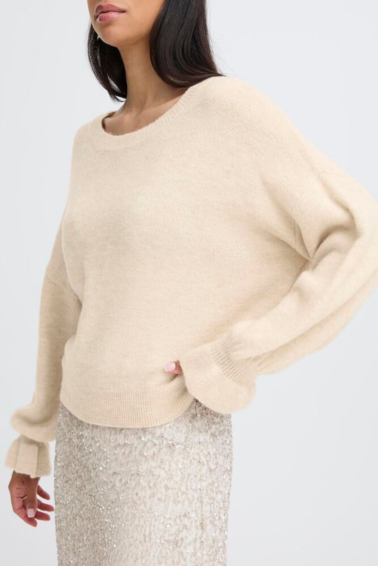 BYoung Oatmeal Frill Sleeve Jumper
