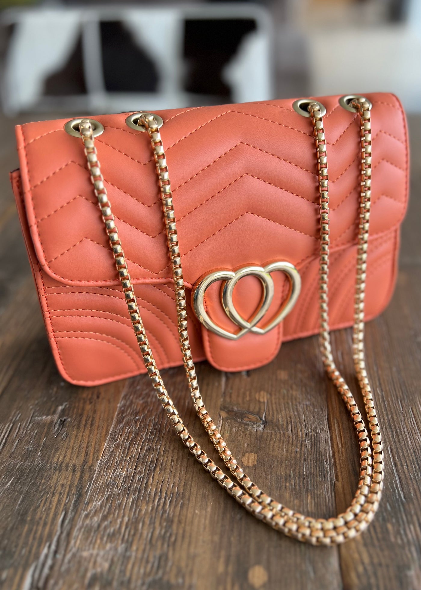 Orange Heart Bag With Gold Chain