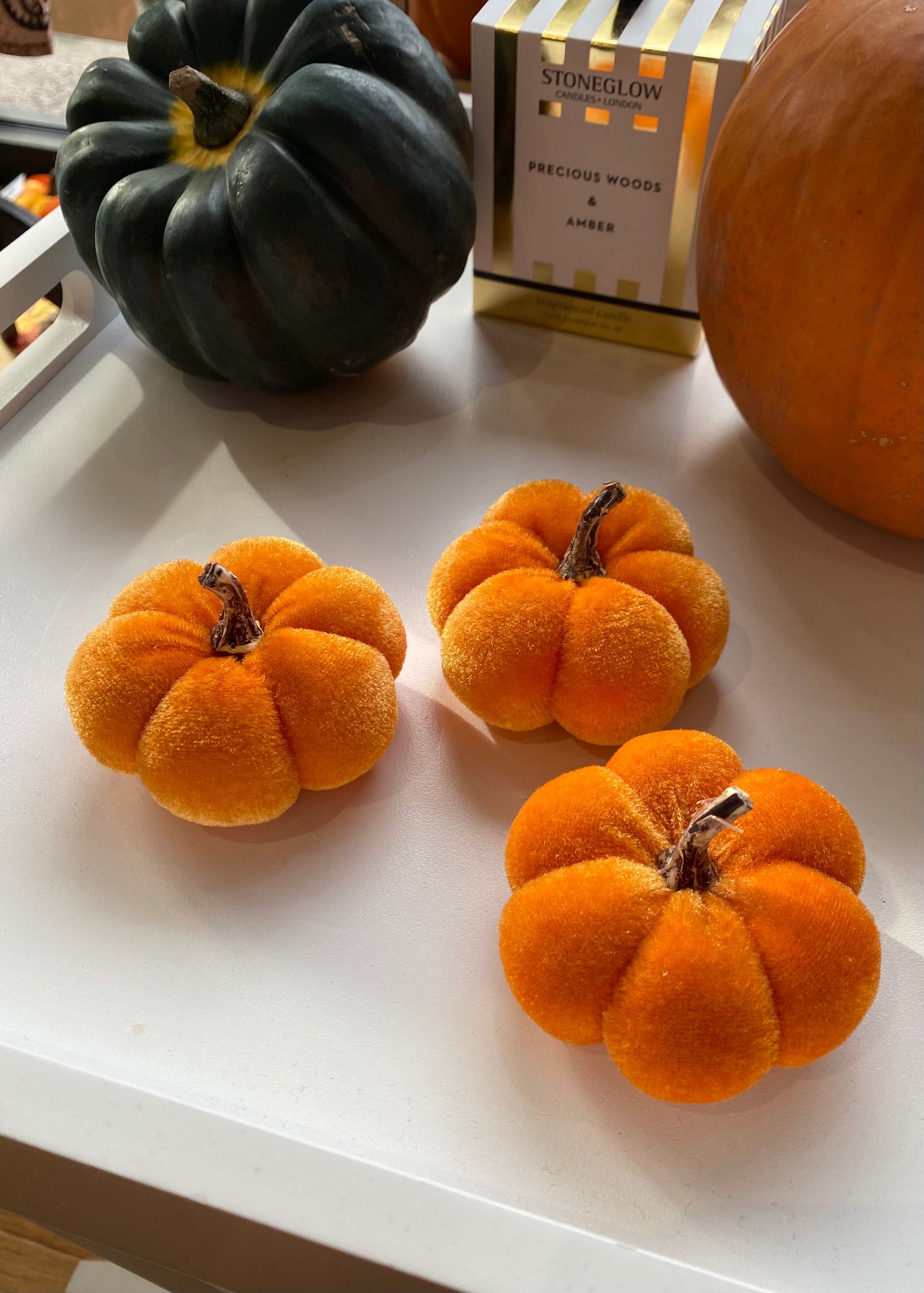 Set of 3 Orange Mini Velvet Pumpkins