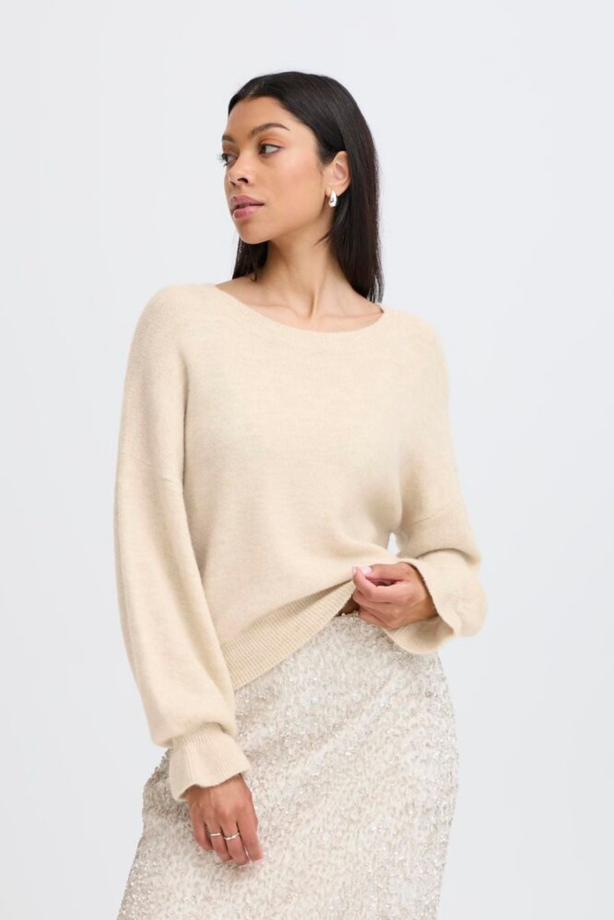 BYoung Oatmeal Frill Sleeve Jumper