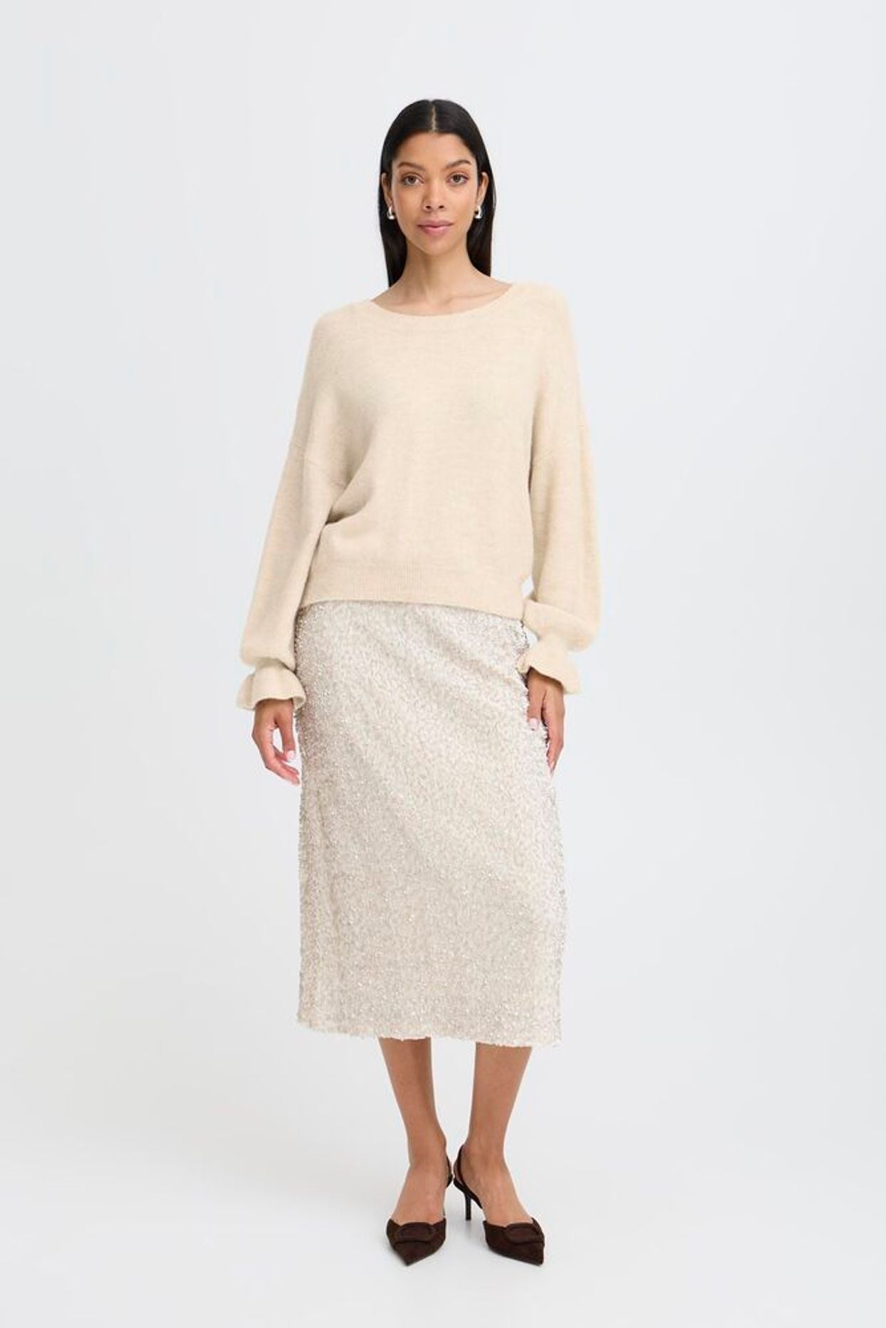 BYoung Oatmeal Frill Sleeve Jumper
