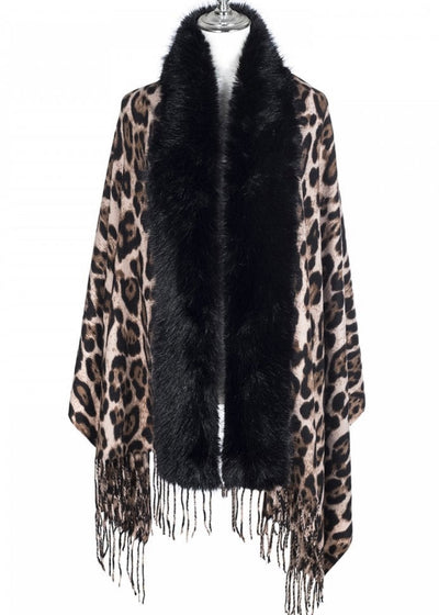 Leopard Faux Fur Trim Wrap