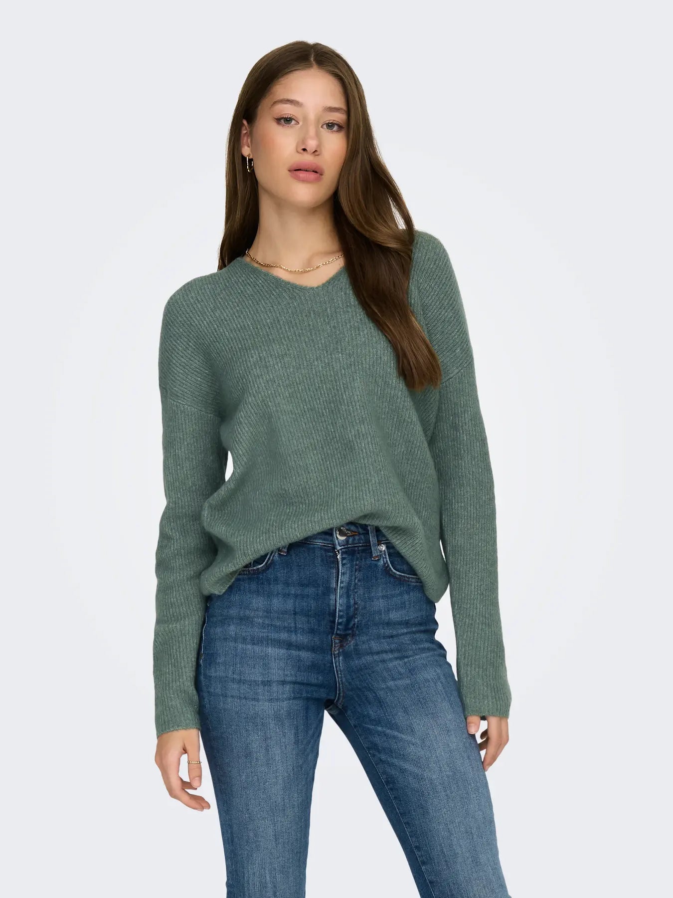 ONLY Green Camilla V Neck Jumper