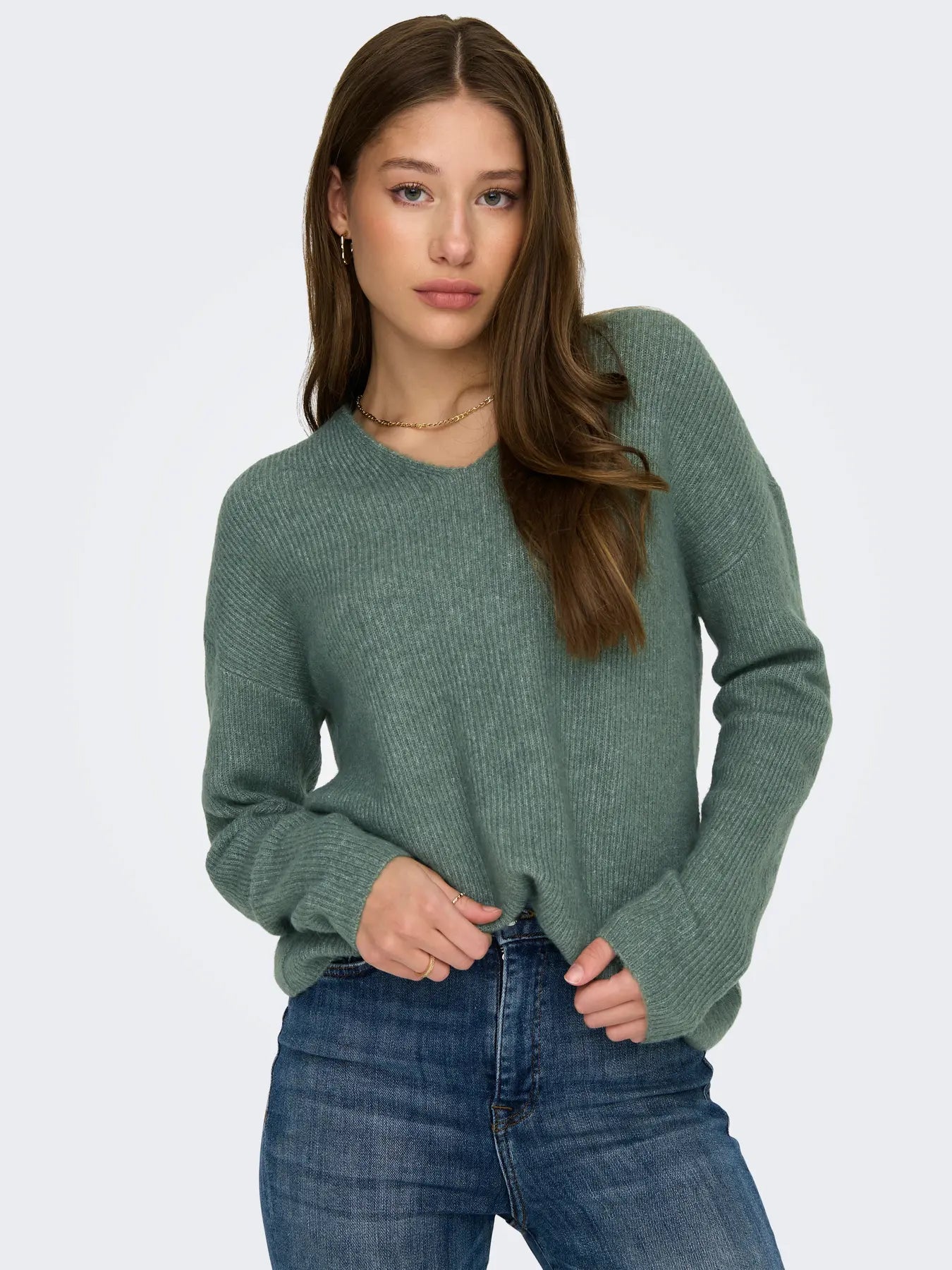 ONLY Green Camilla V Neck Jumper