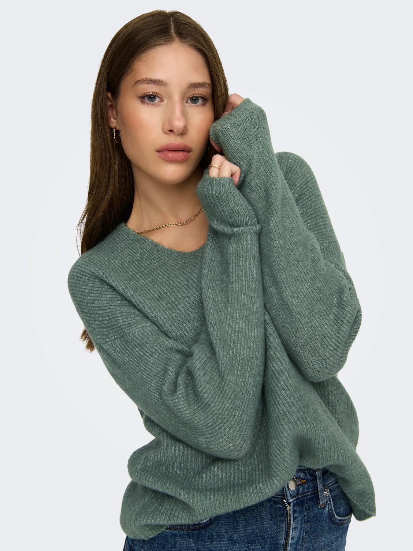 ONLY Green Camilla V Neck Jumper