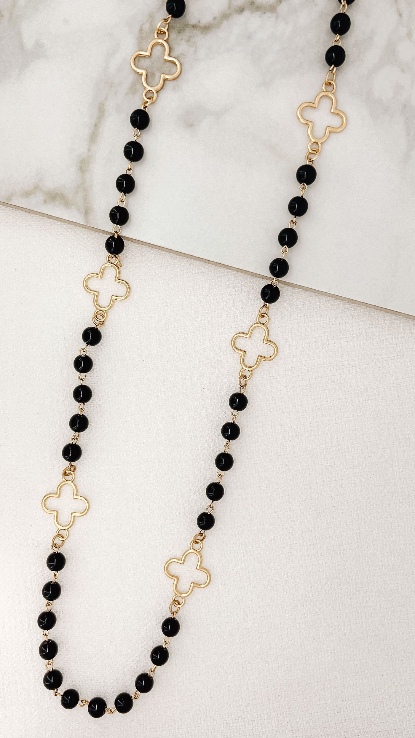 Black Bead & Gold Clover Necklace