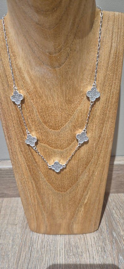 Silver Diamante Clovers Short Necklace