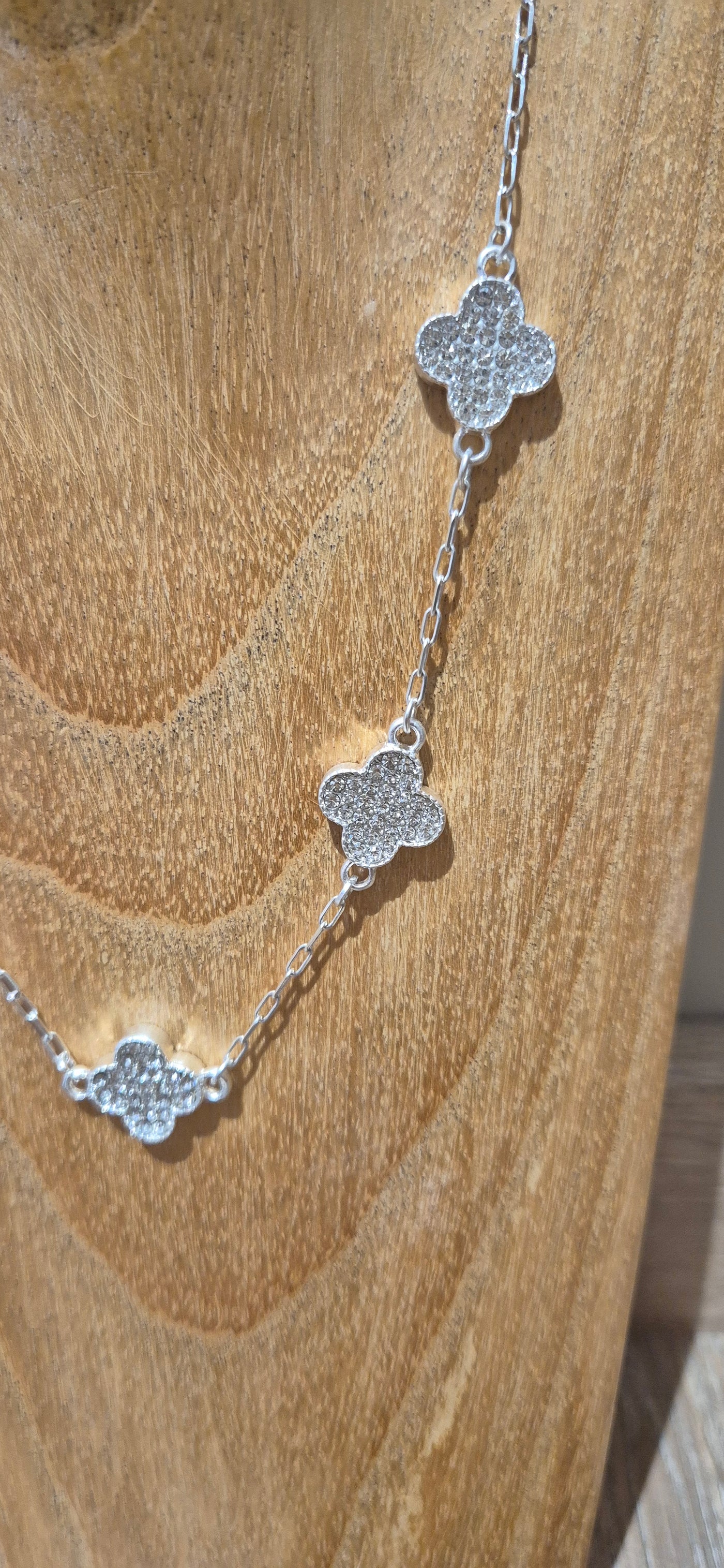 Silver Diamante Clovers Short Necklace