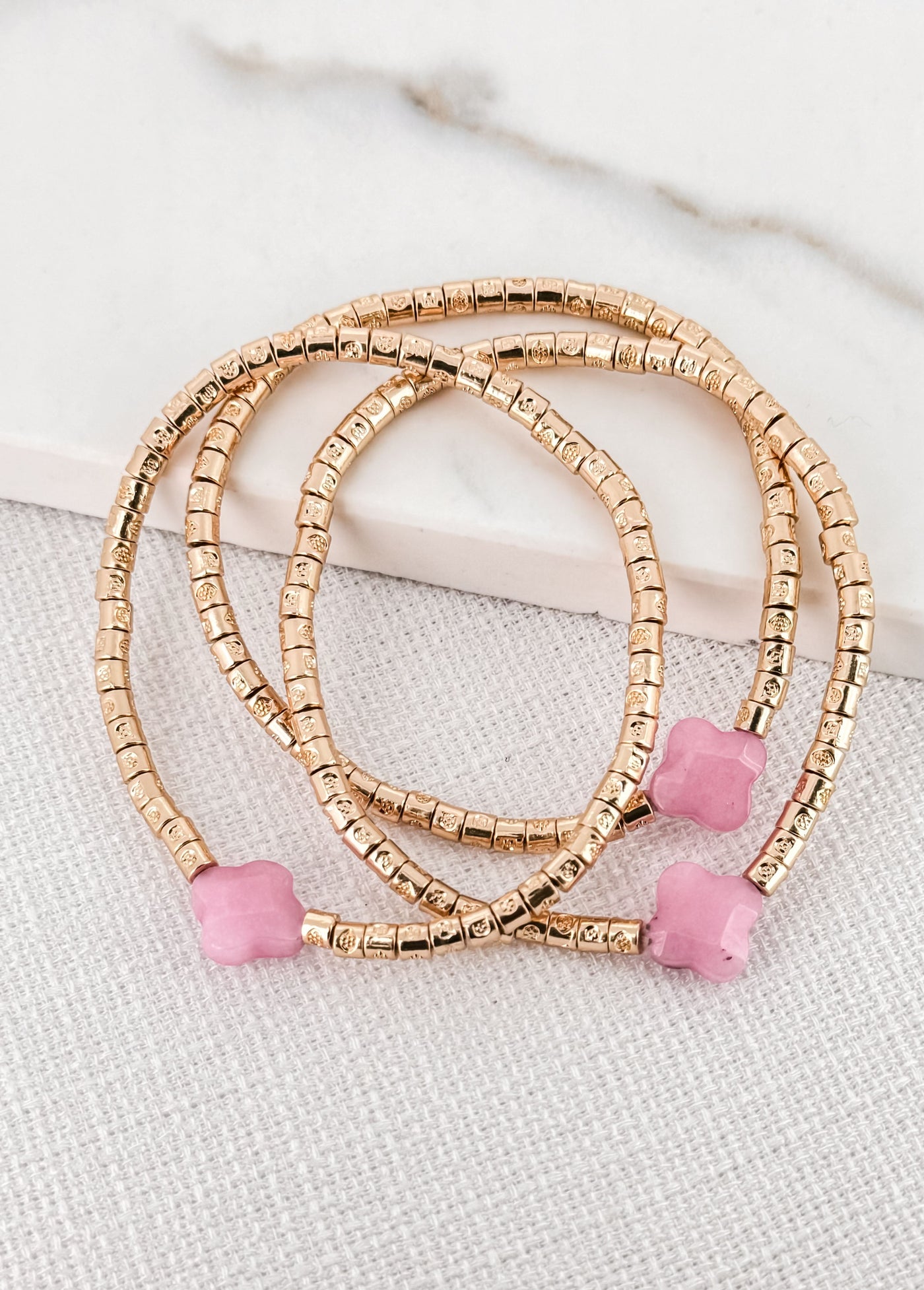 Gold & Pink Stone Clover Layered Bracelet