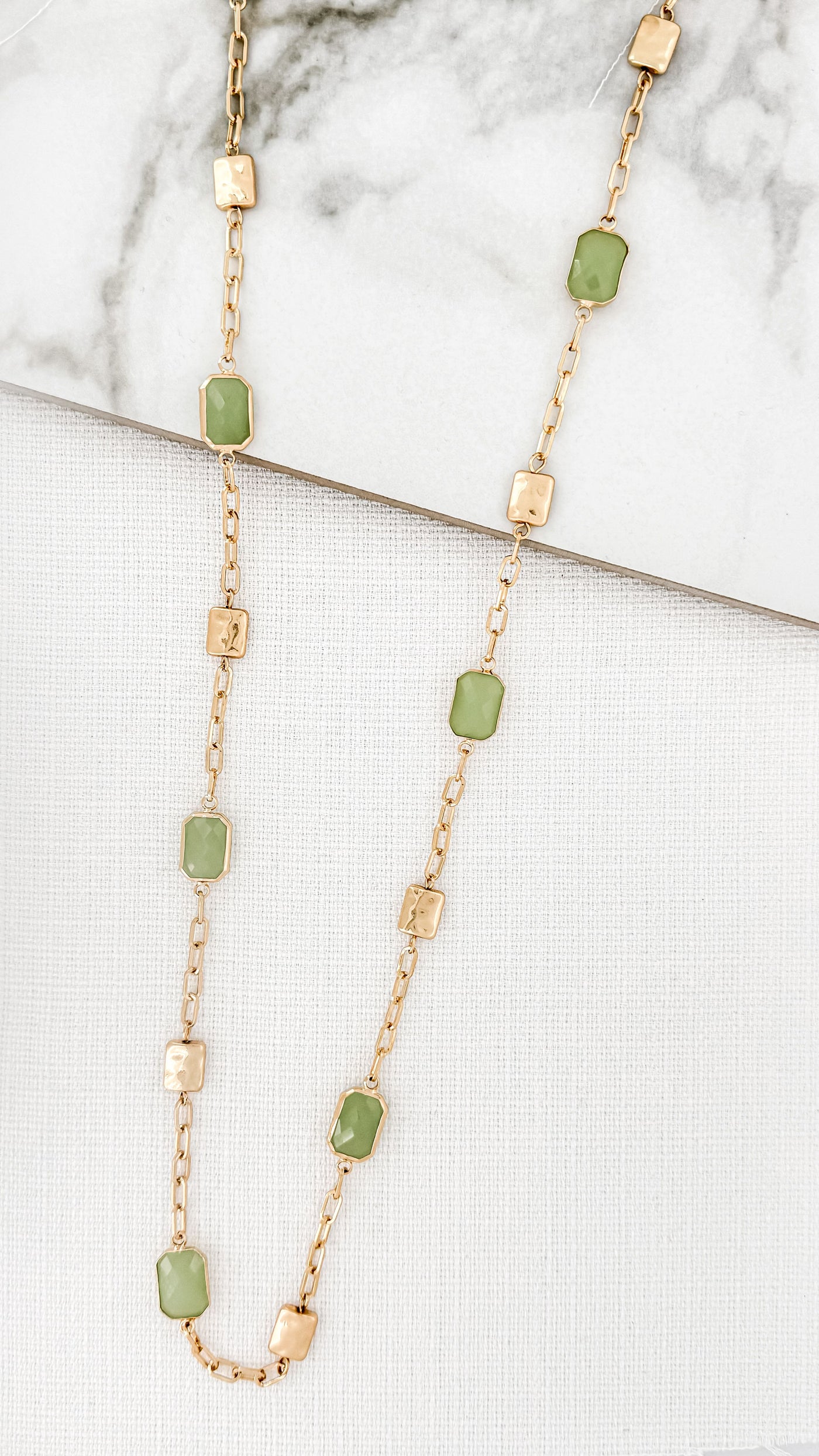 Gold & Green Stone Long Necklace