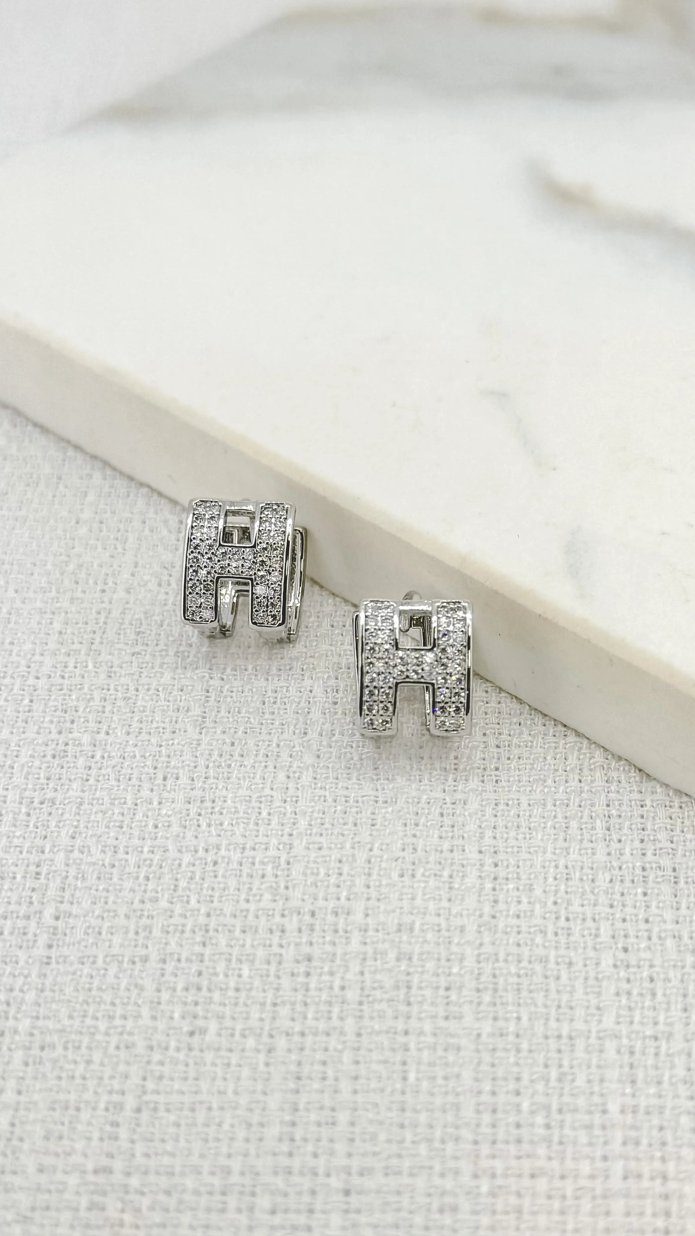 Silver Diamante H Earrings