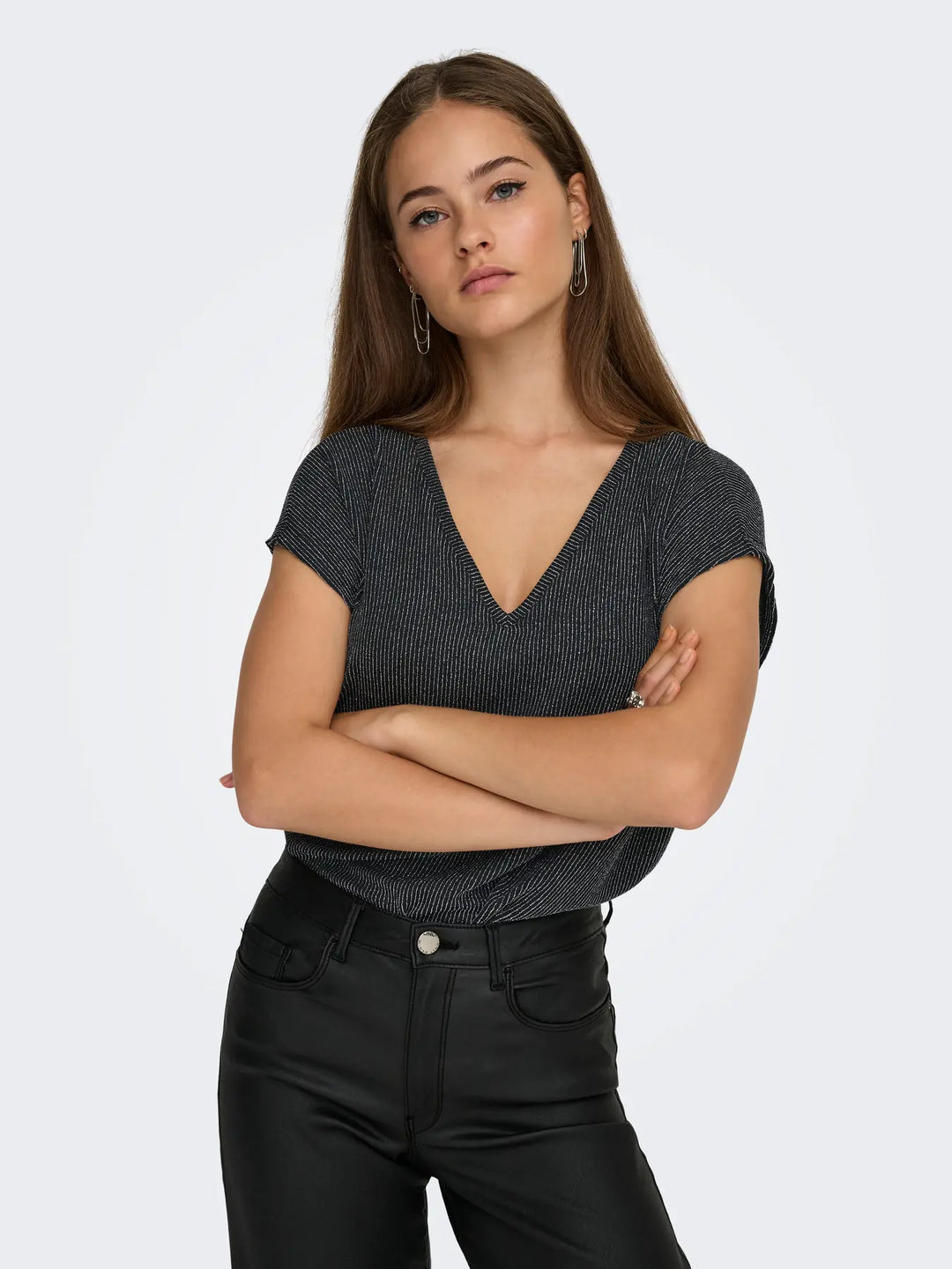 ONLY Silver Stripe Glitter S/S Top