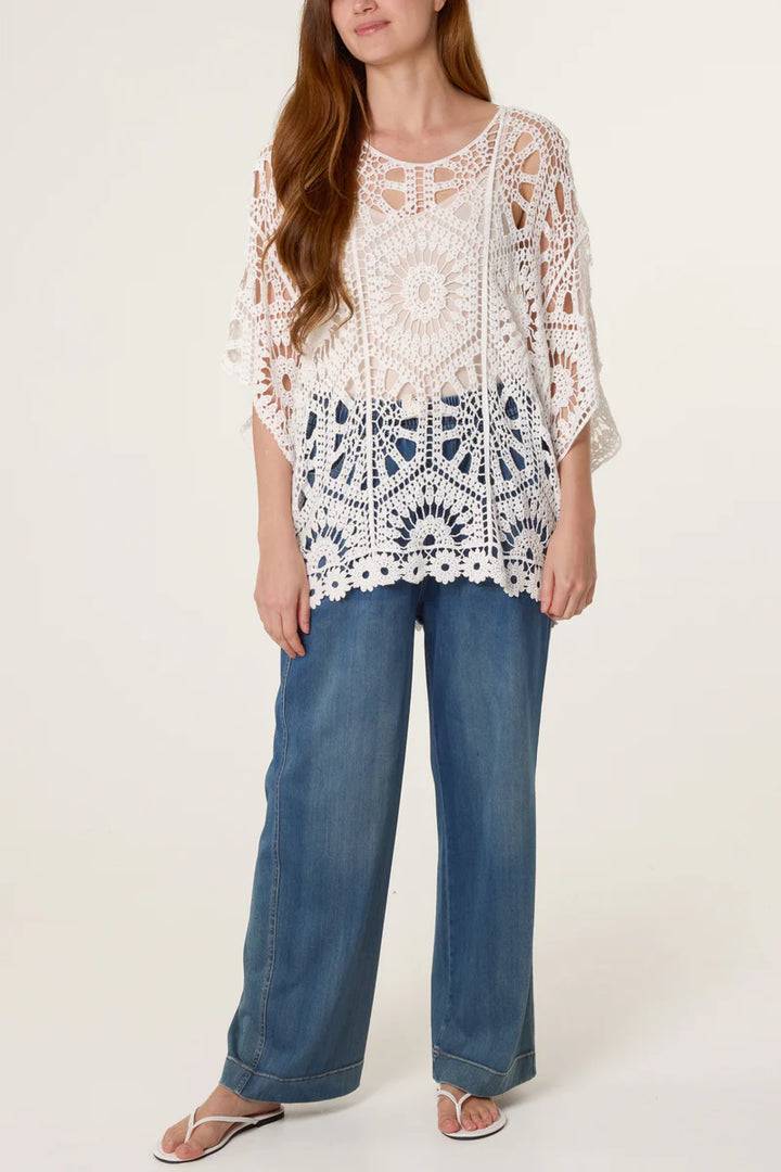 White Mandala Flower Crochet Top