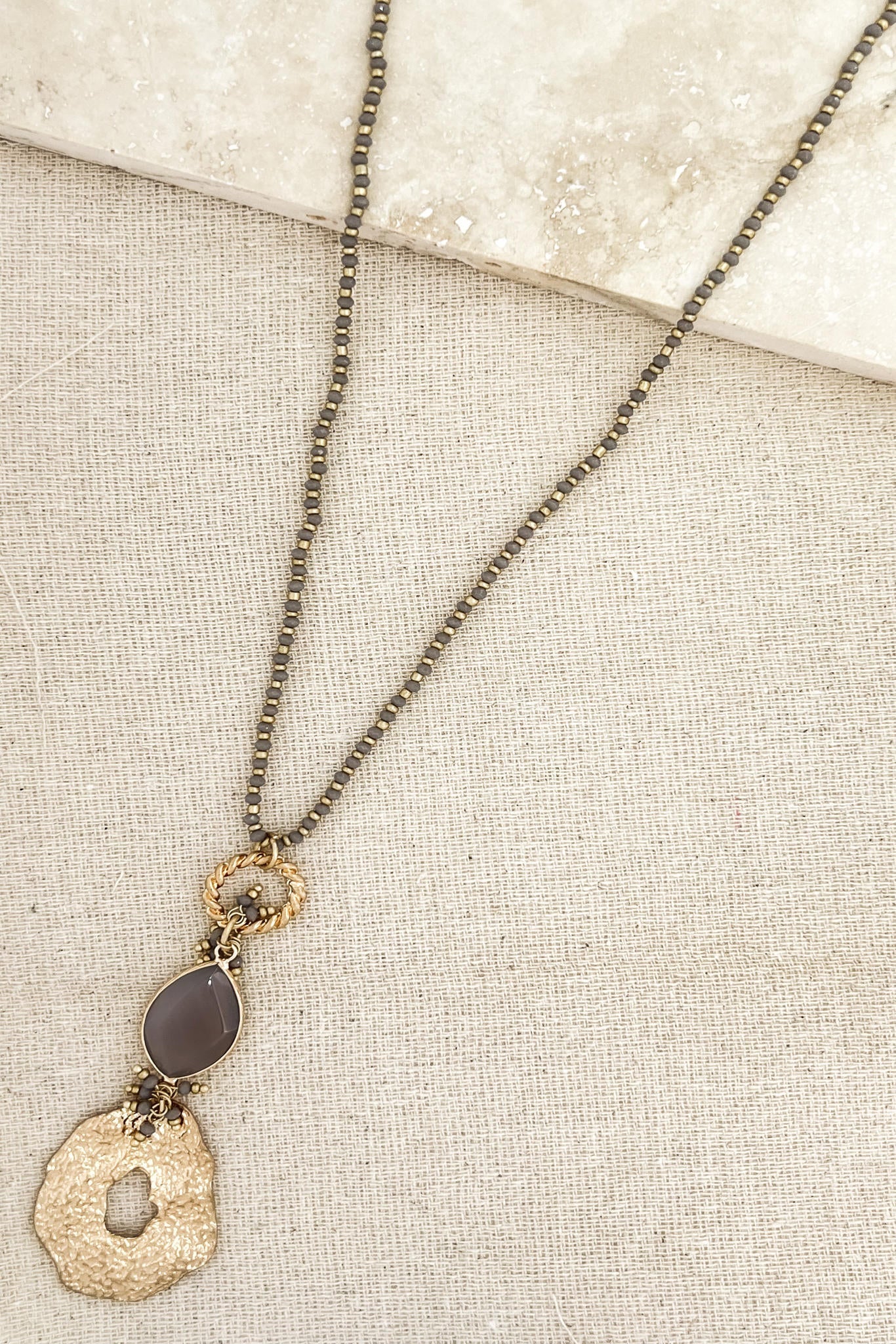 Hammered Gold & Grey Stone Necklace