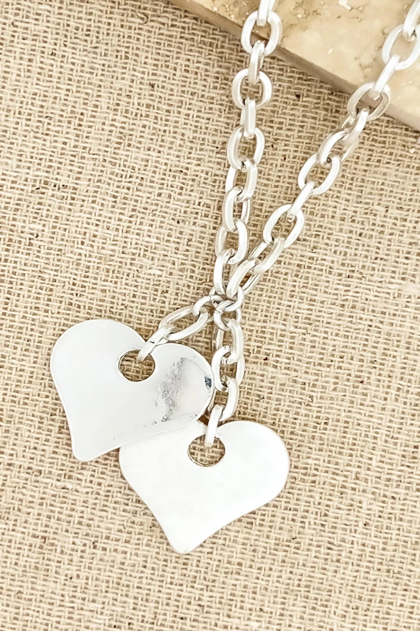 Silver Chain Link Double Heart Necklace