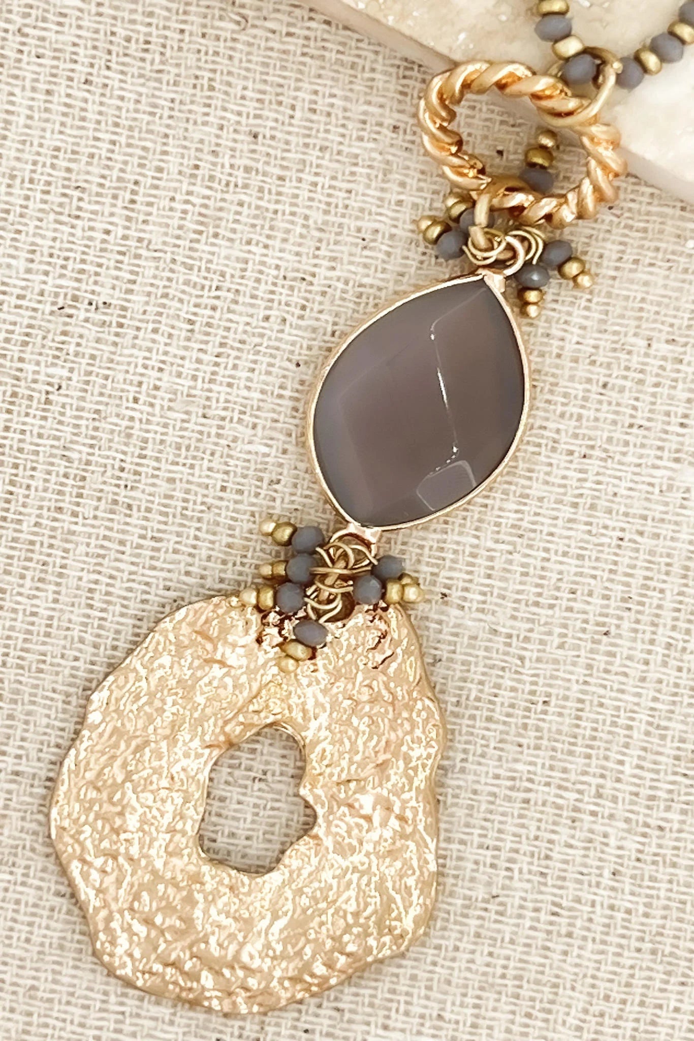 Hammered Gold & Grey Stone Necklace