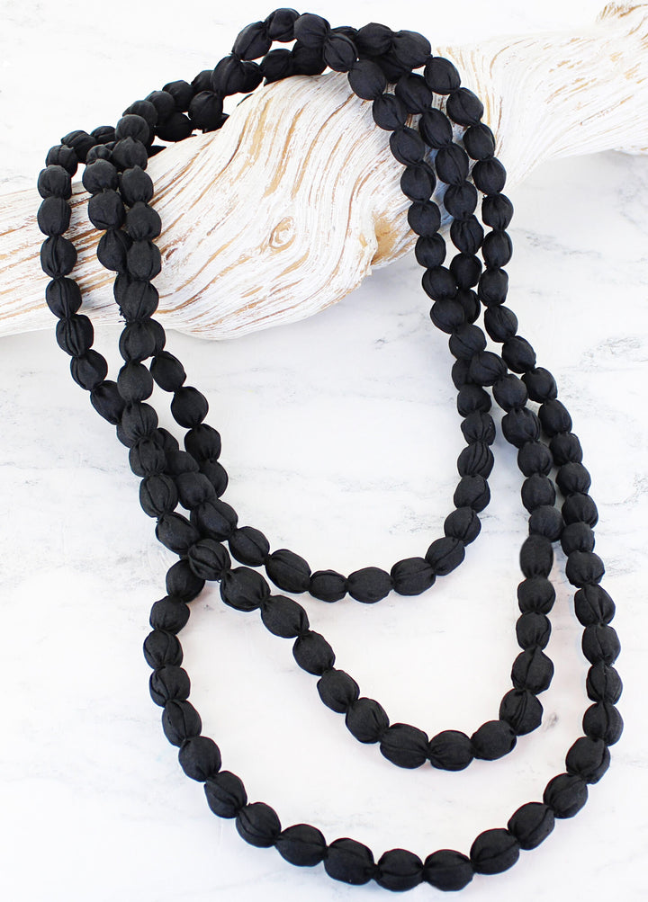 Black Extra Long Fabric Ball Necklace