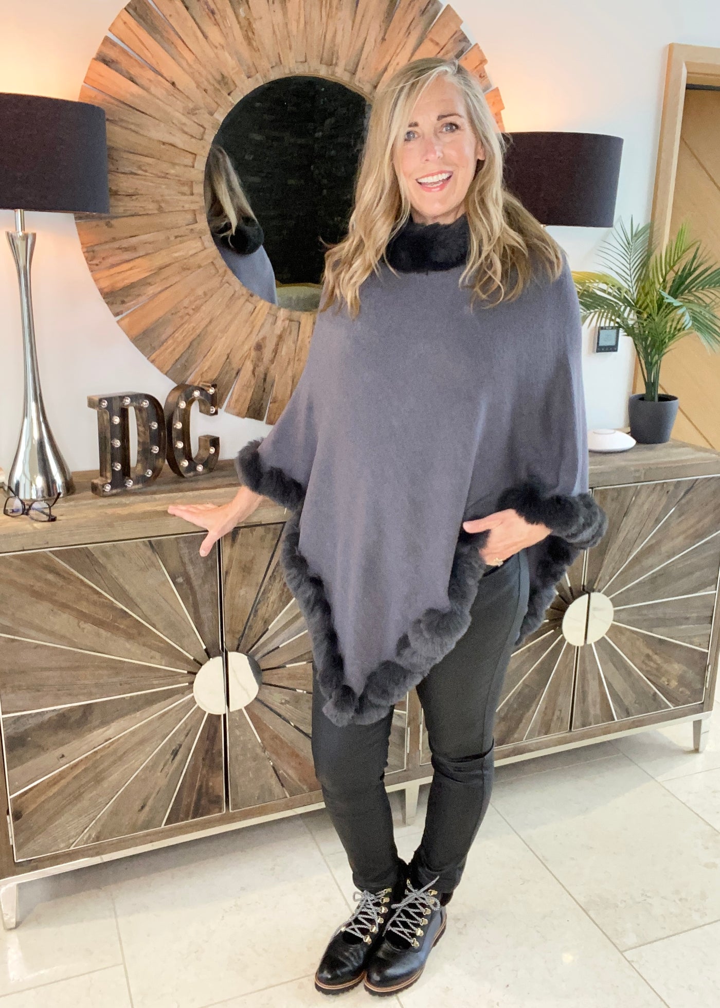 Slate Grey Faux Fur Poncho