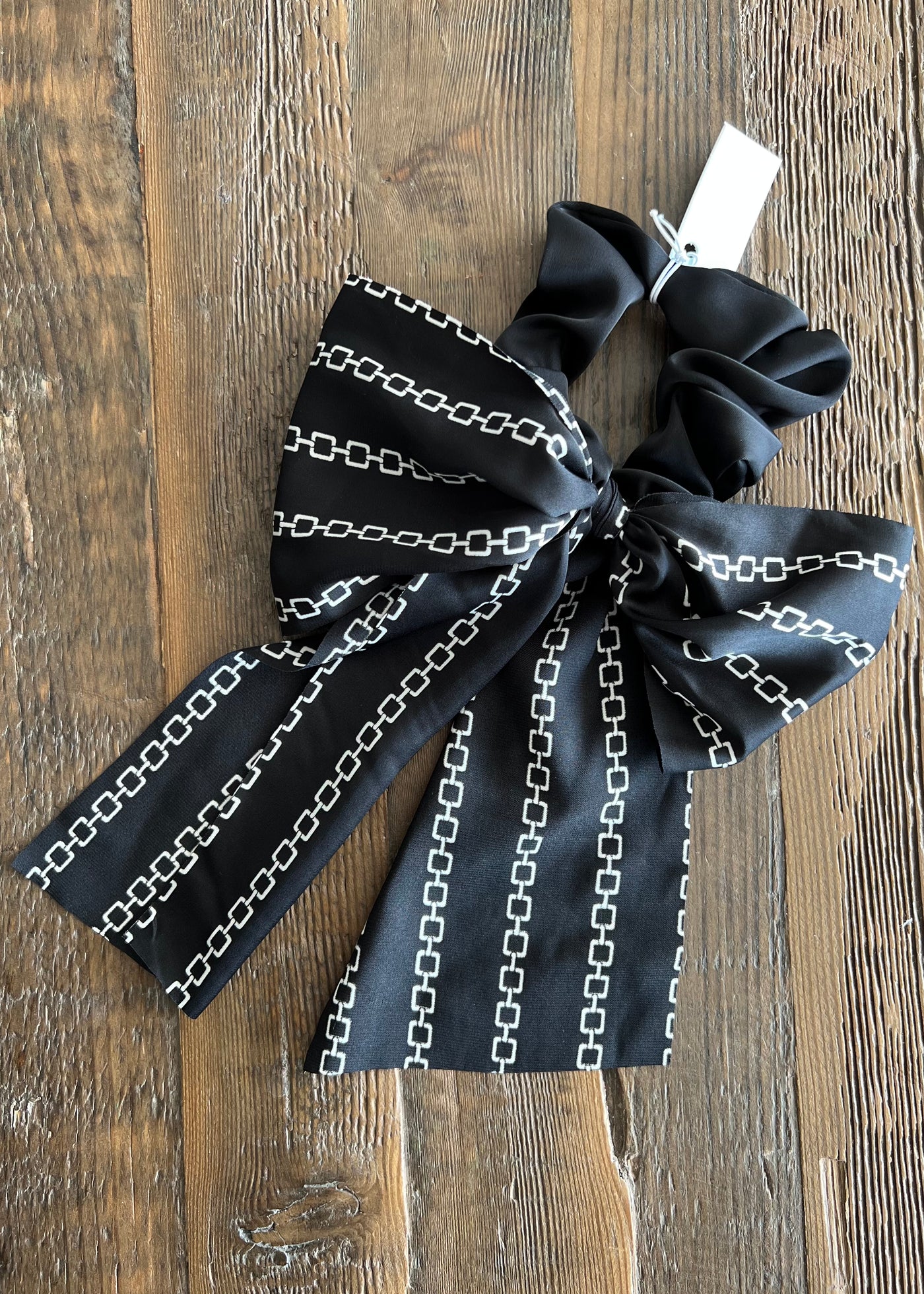 Black Hair Scrunchie With Patterned Ribbon