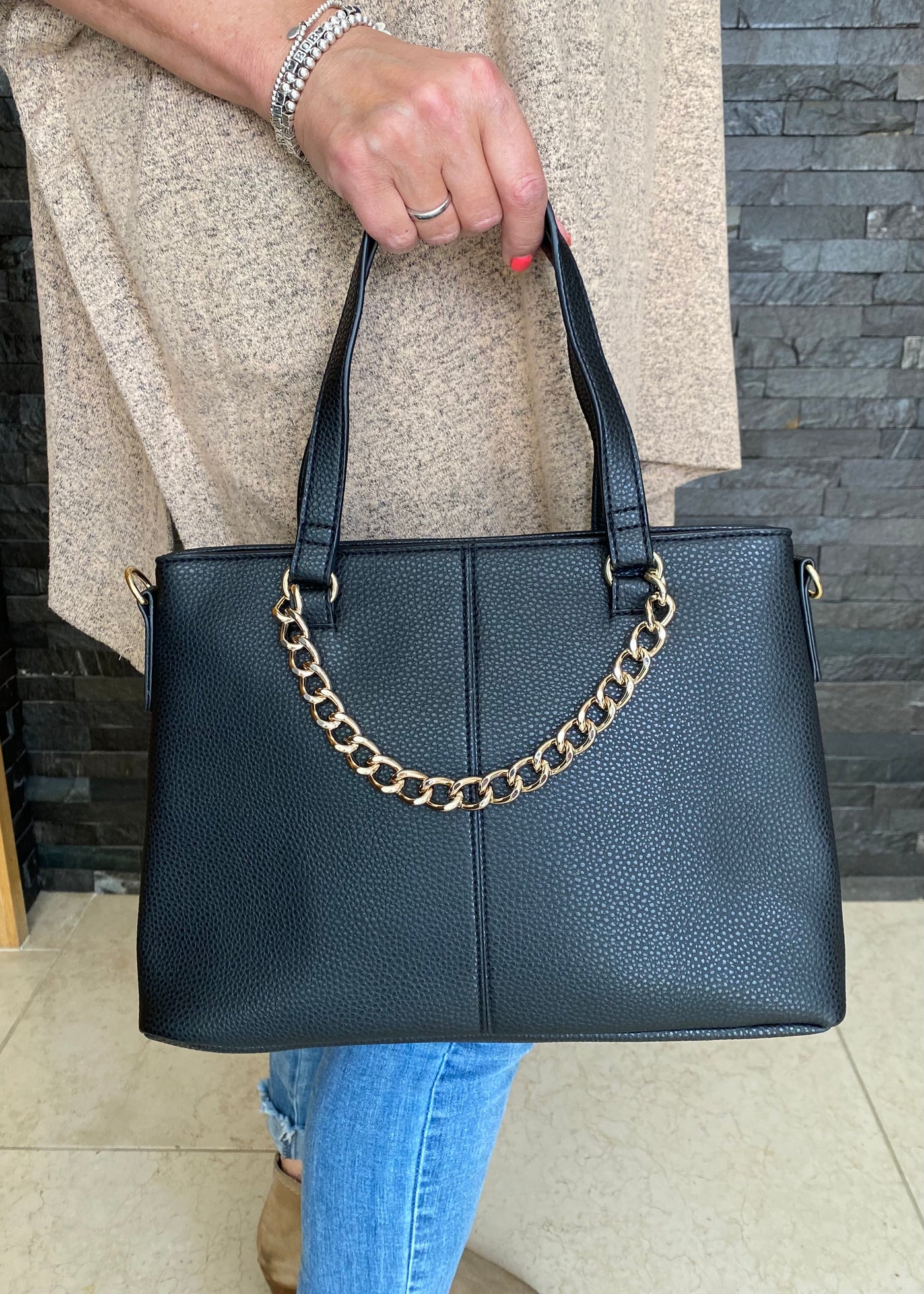 Black Faux Leather Bag with Gold Chain