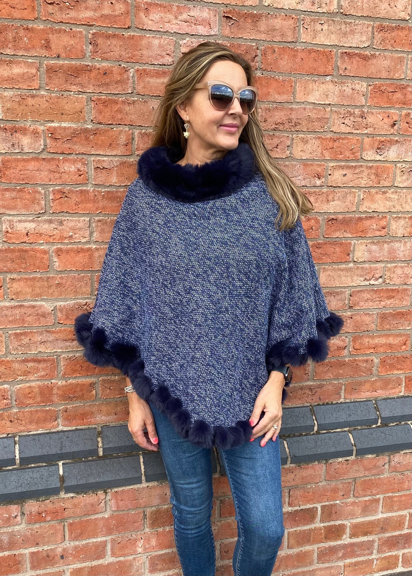 Navy Faux Fur Poncho