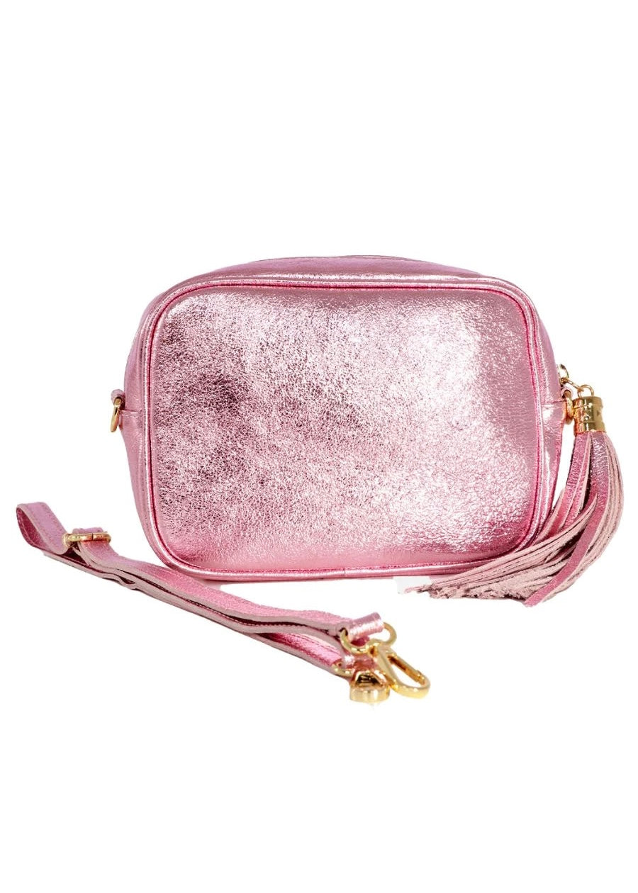 Metallic Pink Leather Camera Bag