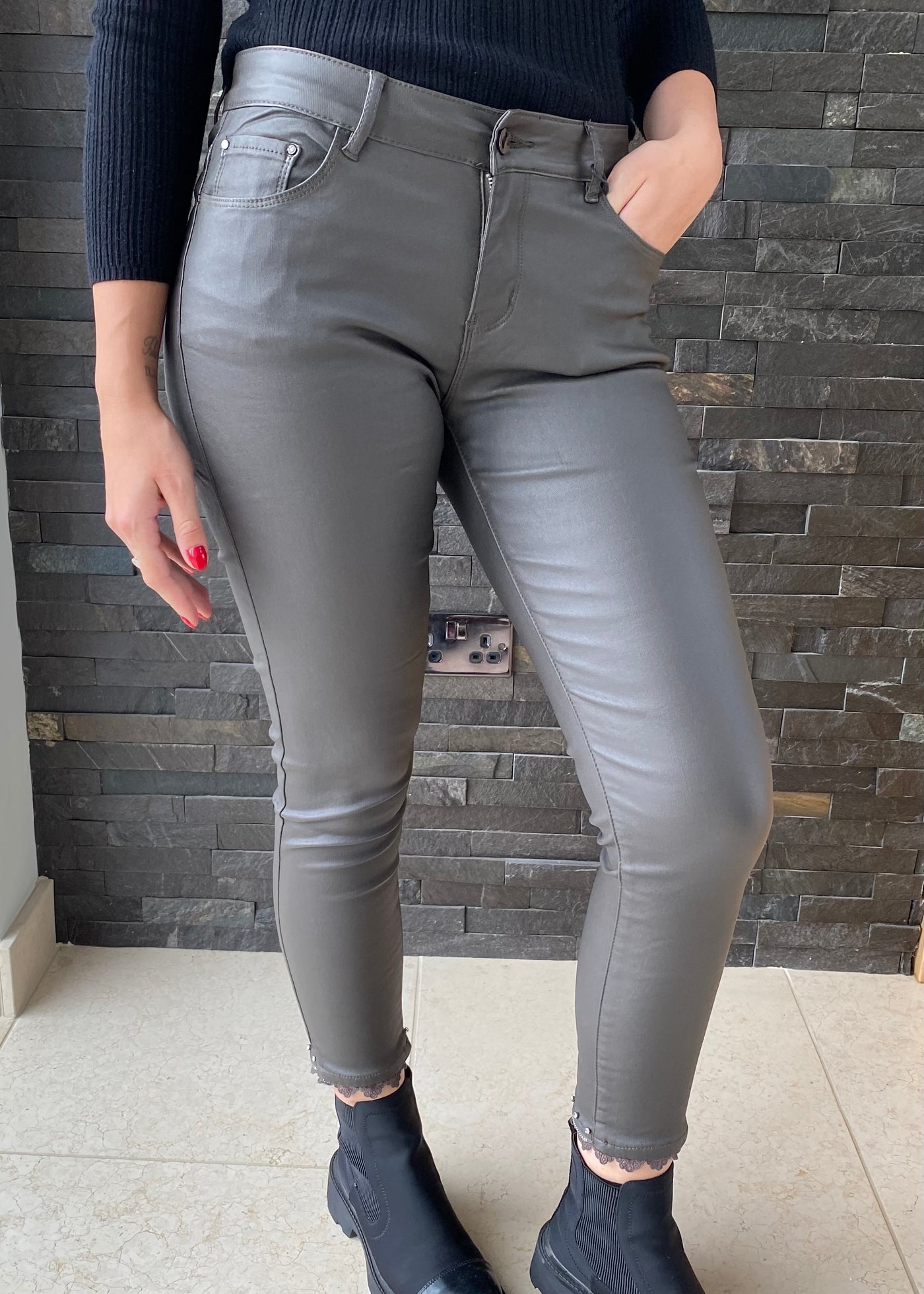 Grey/Khaki Faux Leather Diamanté Detail Trousers