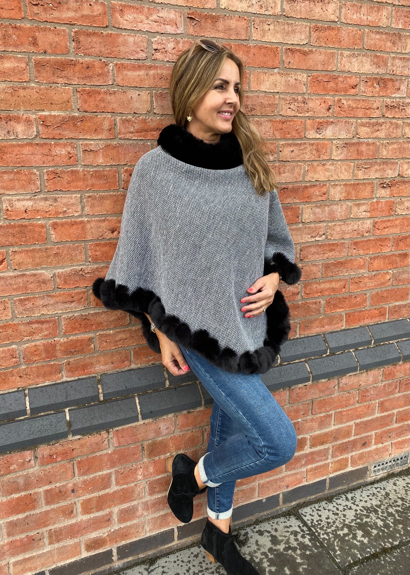 Black & Grey Faux Fur Poncho