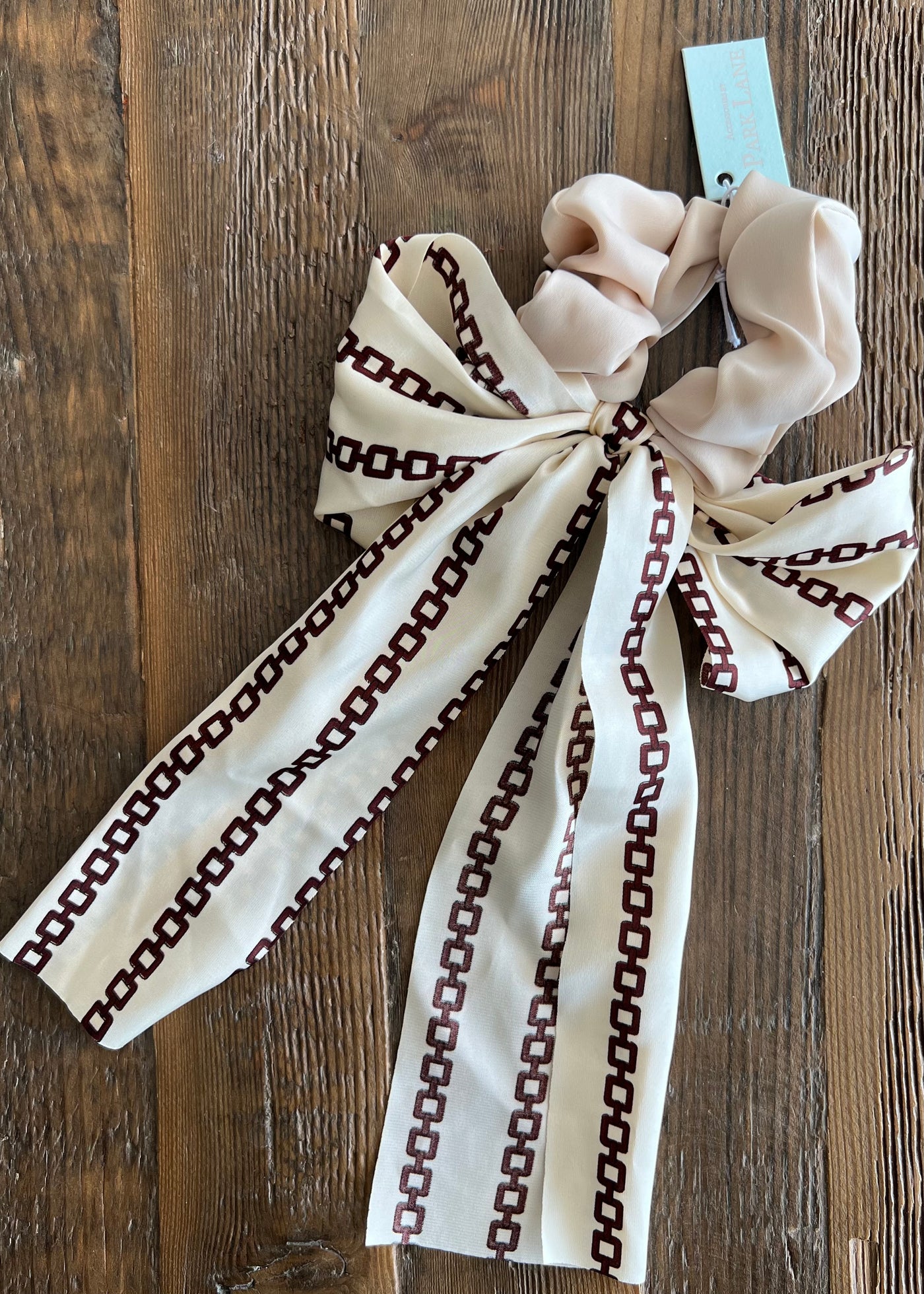 Cream Hair Scrunchie With Patterned Ribbon