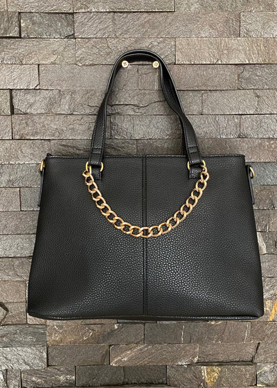 Black Faux Leather Bag with Gold Chain