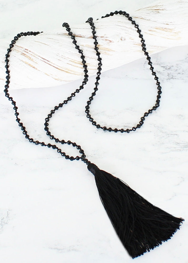 Black Crystal Bead & Tassel Long Necklace