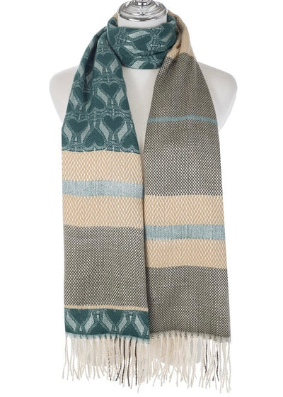 Teal & Cream Stripe Fringed Scarf